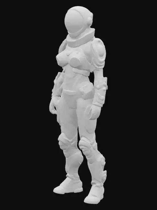 3D model for Biopunk organic armored full body female humanoid character concept with painterly realistic shading, gloss highlights on armor panels, matte finish on joints. Cream-colored armor with burnt orange highlights and dark turquoise areas. Glossy reflective teal visor, Organic, Samus Metroid, Giger alien style holes and ribbed, jointed details