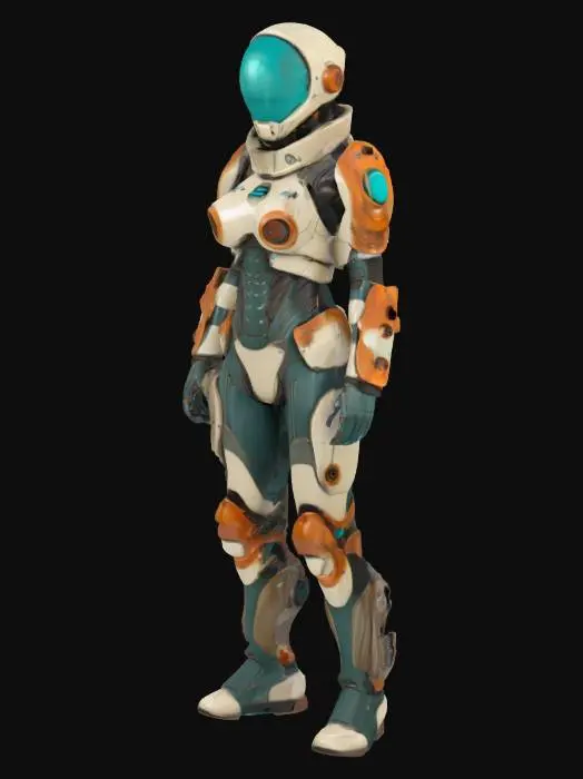 3D model for Biopunk organic armored full body female humanoid character concept with painterly realistic shading, gloss highlights on armor panels, matte finish on joints. Cream-colored armor with burnt orange highlights and dark turquoise areas. Glossy reflective teal visor, Organic, Samus Metroid, Giger alien style holes and ribbed, jointed details
