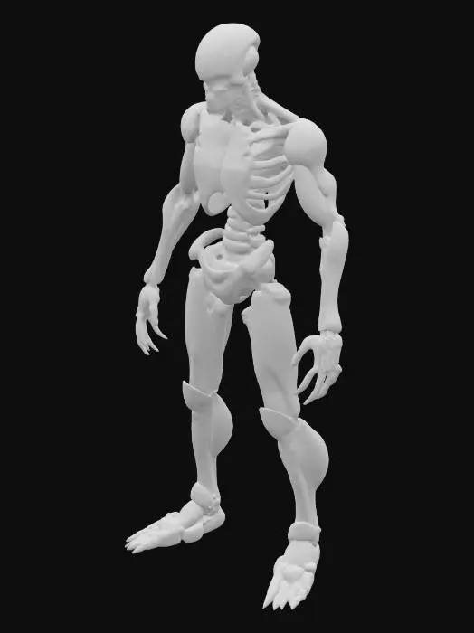 3D model for Biopunk organic armored full body skeletal humanoid character concept with painterly realistic shading. Inspired by the titans from attack on titan. Giger alien style holes and ribbed details