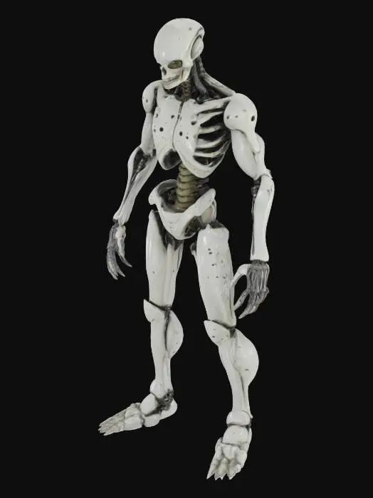 3D model for Biopunk organic armored full body skeletal humanoid character concept with painterly realistic shading. Inspired by the titans from attack on titan. Giger alien style holes and ribbed details