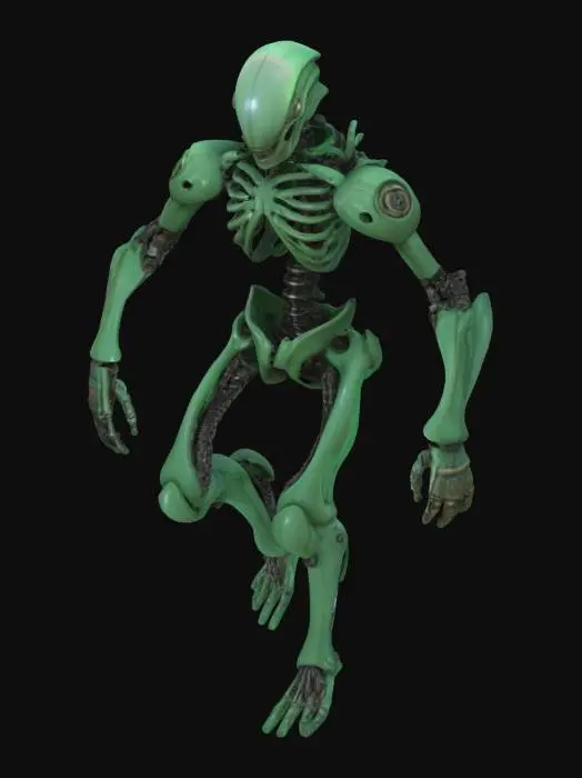 3D model for Biopunk organic armored full body skeletal humanoid character concept with painterly realistic shading. Inspired by the titans from attack on titan. Giger alien style holes and ribbed details
