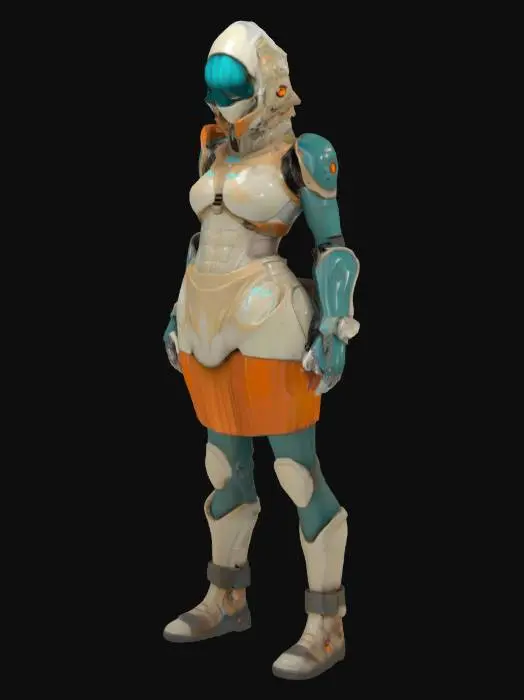 3D model for Biopunk organic armored full body female humanoid character concept with painterly realistic shading, gloss highlights on armor panels, matte finish on joints. Cream-colored armor with burnt orange highlights and dark turquoise areas. Glossy reflective teal visor, Organic, Samus Metroid, Giger alien style holes and ribbed, jointed details, a-pose

