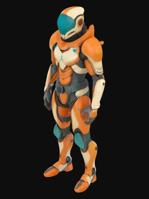 3D model for Biopunk organic armored full body male humanoid character concept with painterly realistic shading, gloss highlights on armor panels, matte finish on joints. Cream-colored armor with burnt orange highlights and dark turquoise areas. Glossy reflective teal visor, Organic, Samus Metroid, Giger alien style holes and ribbed, jointed details
