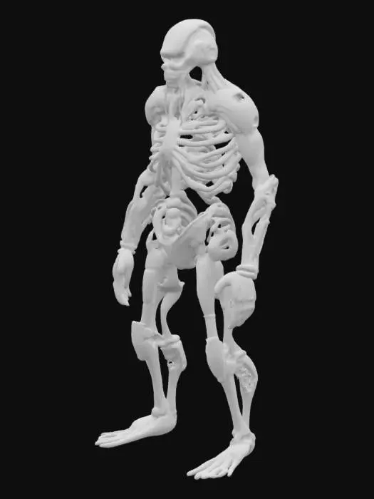 3D model for Biopunk organic armored full body skeletal humanoid character concept with painterly realistic shading. Inspired by the titans from attack on titan. Giger alien style holes and ribbed details
