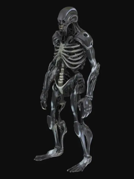 3D model for Biopunk organic armored full body skeletal humanoid character concept with painterly realistic shading. Inspired by the titans from attack on titan. Giger alien style holes and ribbed details

