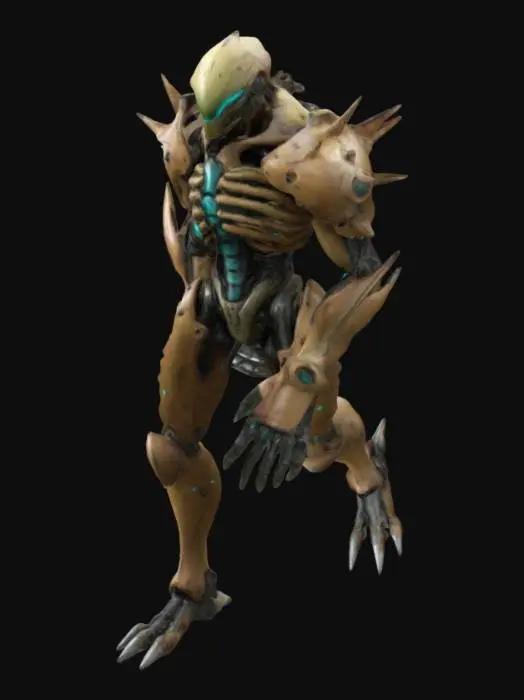 3D model for Biopunk organic armored full body skeletal humanoid character concept with painterly realistic shading, matte and gloss highlights on joints. Organic spikes, Samus Metroid, Inspired by the titans from attack on titan. Gieger alien style holes and ribbed details
