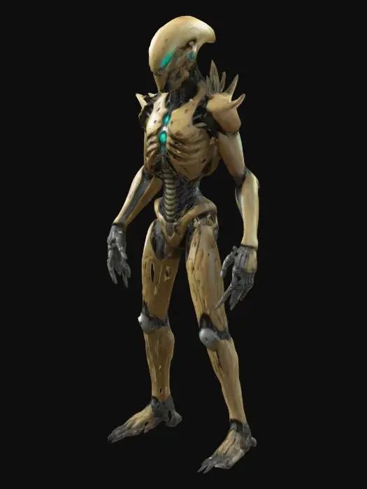 3D model for Biopunk organic armored full body skeletal humanoid character concept with painterly realistic shading, matte and gloss highlights on joints. Organic spikes, Samus Metroid, Inspired by the titans from attack on titan. Gieger alien style holes and ribbed details
