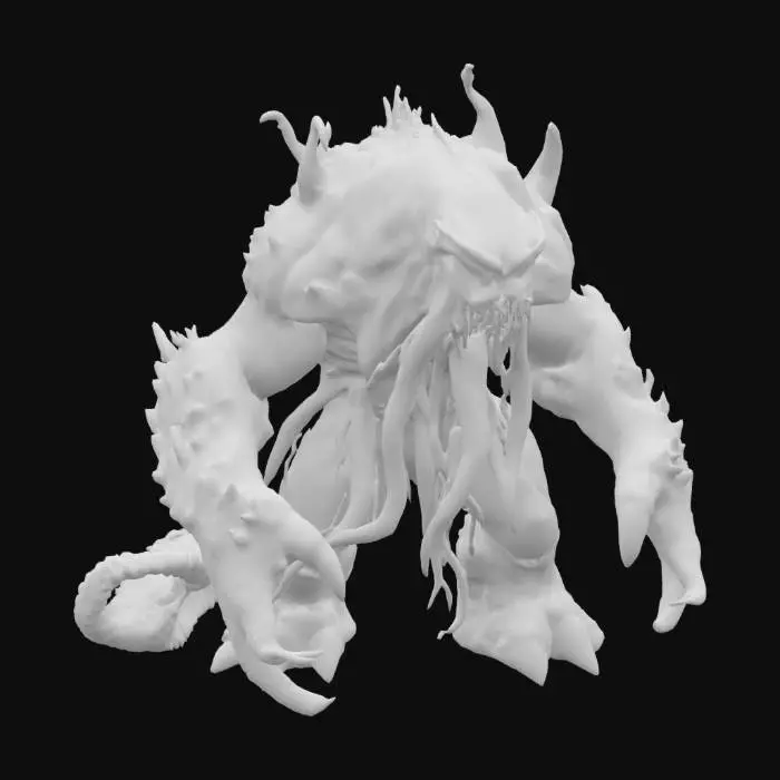 3D model for a-pose monster, from the depth of the deepest ocean, this aquatic creature has tentacles, glowing red eyes, dripping green scaly skin, and barnacles attached to its limbs. humanoid in shape, it is a hulking creature