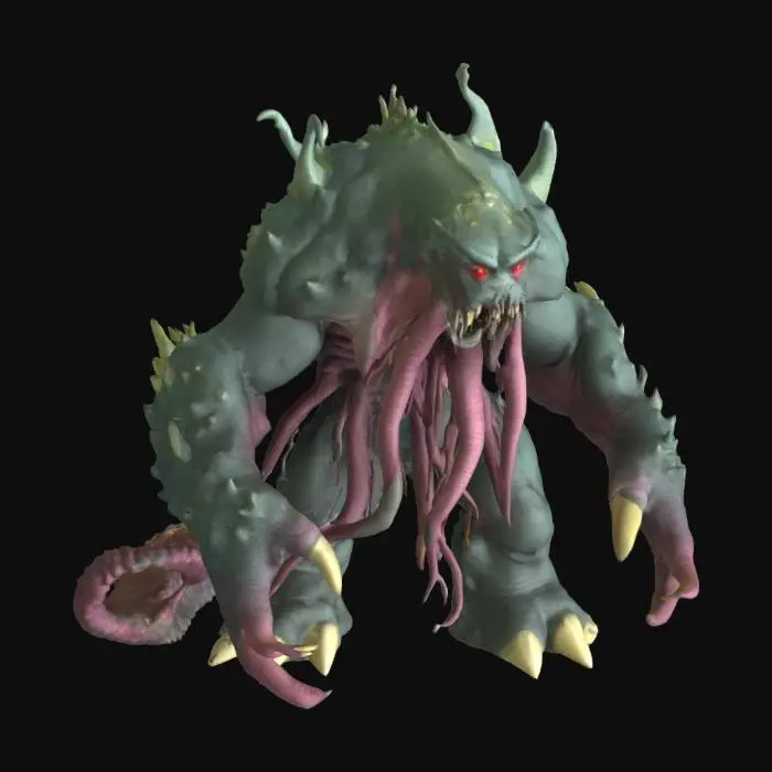 3D model for a-pose monster, from the depth of the deepest ocean, this aquatic creature has tentacles, glowing red eyes, dripping green scaly skin, and barnacles attached to its limbs. humanoid in shape, it is a hulking creature