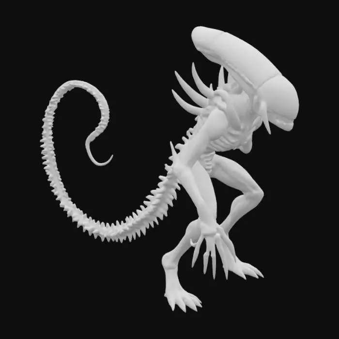 3D model for glistening, terrifying, hunched over xenomorph with long segmented tail, black, with dark blue-grey highlights, h.r. giger, alien, aliens, scifi, horror
