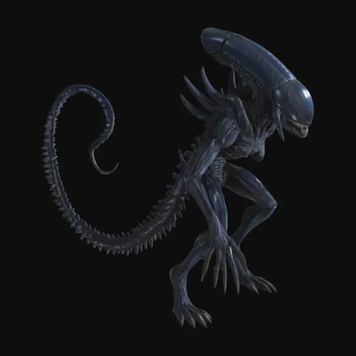 3D model for glistening, terrifying, hunched over xenomorph with long segmented tail, black, with dark blue-grey highlights, h.r. giger, alien, aliens, scifi, horror