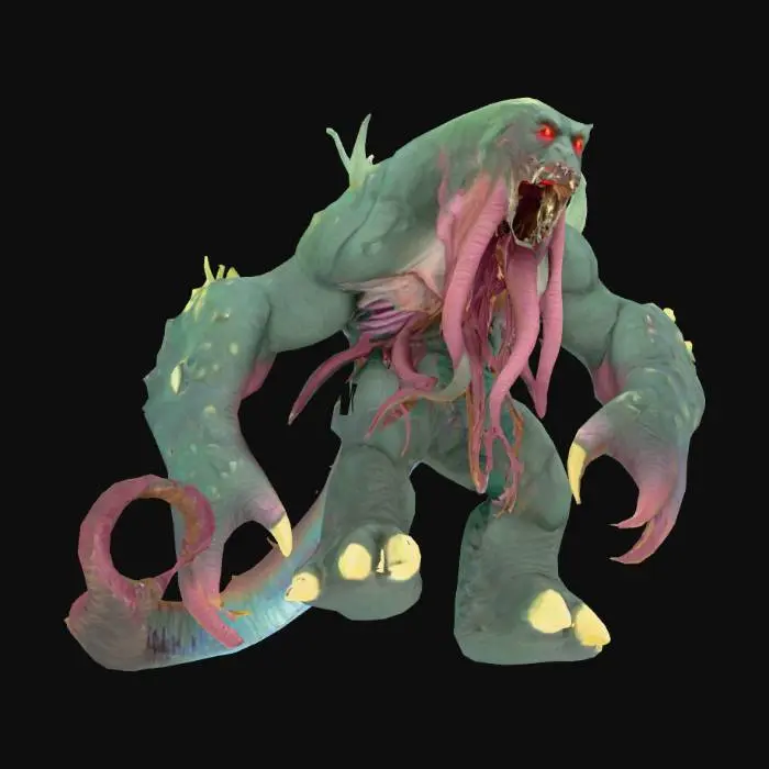 3D model for a-pose monster, from the depth of the deepest ocean, this aquatic creature has tentacles, glowing red eyes, dripping green scaly skin, and barnacles attached to its limbs. humanoid in shape, it is a hulking creature
