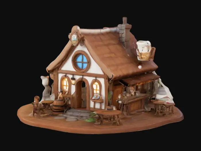3D model for A cozy, tiny wooden inn with a giant foamy mug sign swinging over the door. The rounded windows glow warmly, and tiny barrels sit outside, just the right size for a chibi adventurer to sit on. Inside, the counter is oversized, making the chibi bartender peek over it, while tiny stools wobble slightly with every movement.