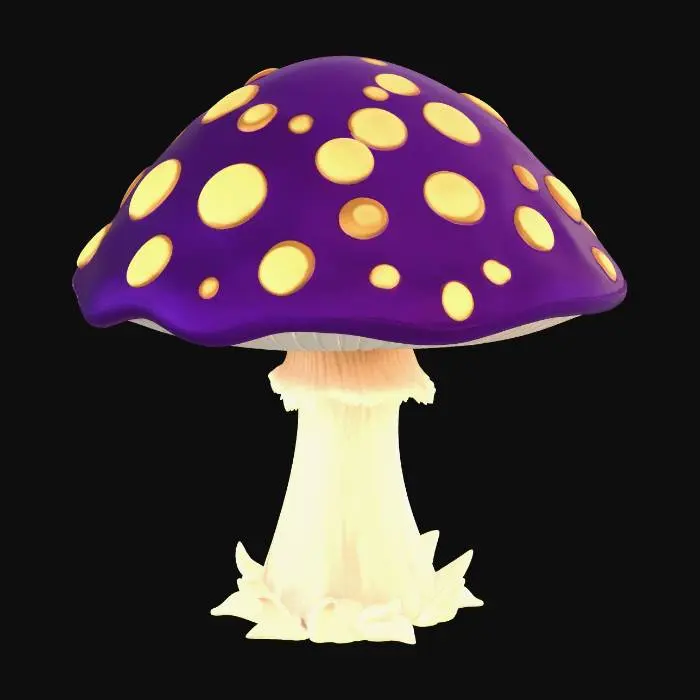 3D model for Stylized fantasy mushroom, single mushroom only, round and slightly domed cap with a short rounded tip, smooth wavy frilly collar around the stem, thick and short stem, glowing white spots on the cap, cartoon style, game-ready asset, clean topology