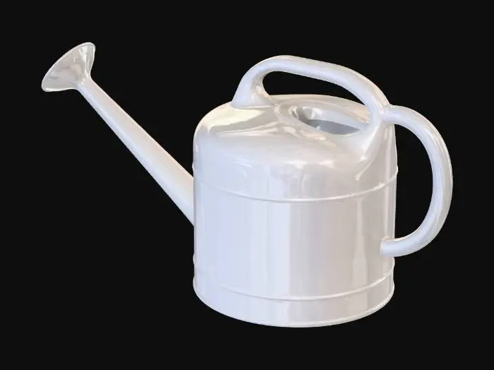 3D model for A classic watering can, smooth surface, long curved spout, sturdy handle, rounded body, garden watering tool, 3D model