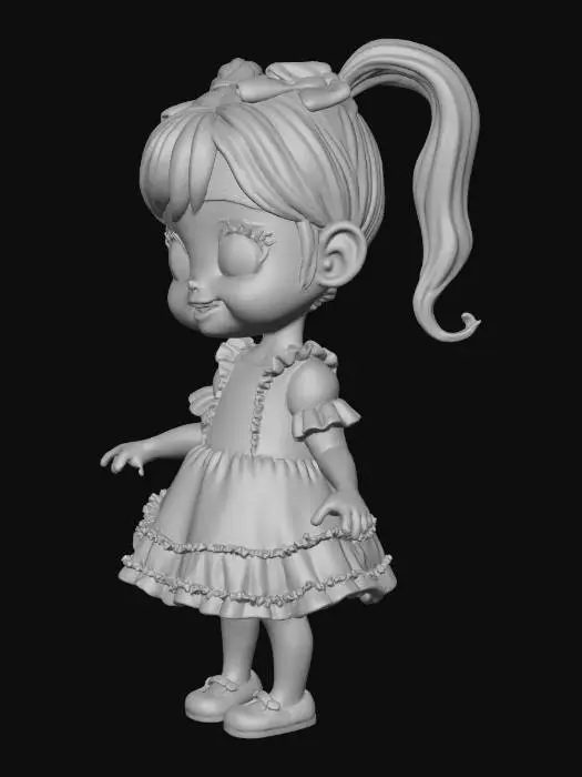 3D model for create a cute little girl who has big doe eyes, cute smile , also has dimples on both checks, wore a pink cute little dress