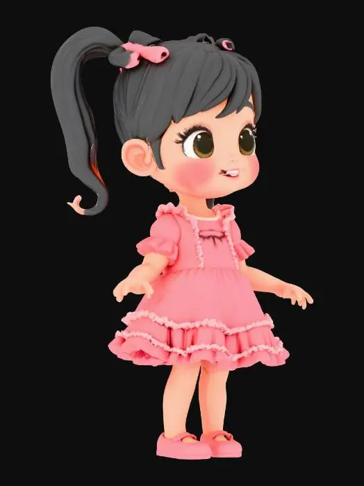 3D model for create a cute little girl who has big doe eyes, cute smile , also has dimples on both checks, wore a pink cute little dress