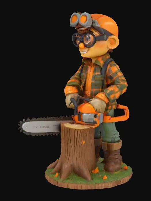 3D model for Genera la statuina ultradettagliata di questo personaggio mentre taglia un albero con la motosega
