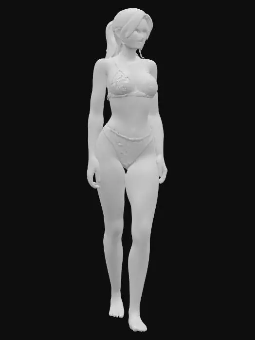 3D model for A 3D model of Lara Croft depicts an athletic figure with defined musculature. She wears a form-fitting net bikini, meticulously crafted from fine, black woven threads. The open, intricate mesh of the material creates a distinct, semi-transparent texture, subtly revealing the underlying physique. The bikini's surface appears slightly coarse yet flexible, conforming to her body's contours. Its deep black color provides a stark contrast, highlighting the sculpted form beneath the delicate, interconnected weave.