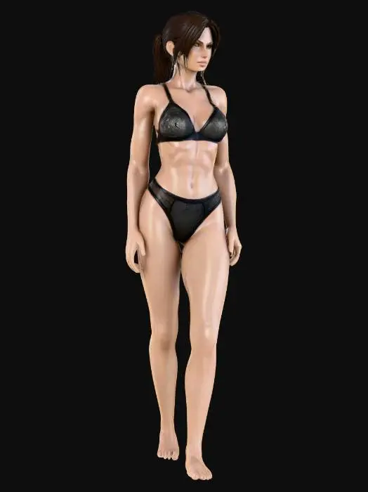 3D model for A 3D model of Lara Croft depicts an athletic figure with defined musculature. She wears a form-fitting net bikini, meticulously crafted from fine, black woven threads. The open, intricate mesh of the material creates a distinct, semi-transparent texture, subtly revealing the underlying physique. The bikini's surface appears slightly coarse yet flexible, conforming to her body's contours. Its deep black color provides a stark contrast, highlighting the sculpted form beneath the delicate, interconnected weave.