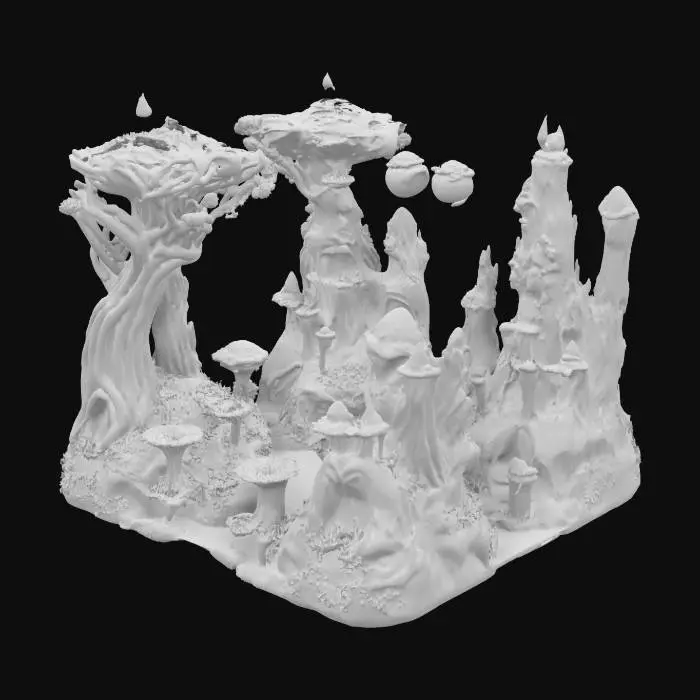 3D model for in fantastical the world of the dark crystal, on a mystical psychedelic journey, art nouveau beautiful, uplifting feeling, in the comic style of Moebius, Jean Gireaud, Roger Dean, Greg tocchini. Hiroshi yoshida. pastel colors, low contrast,