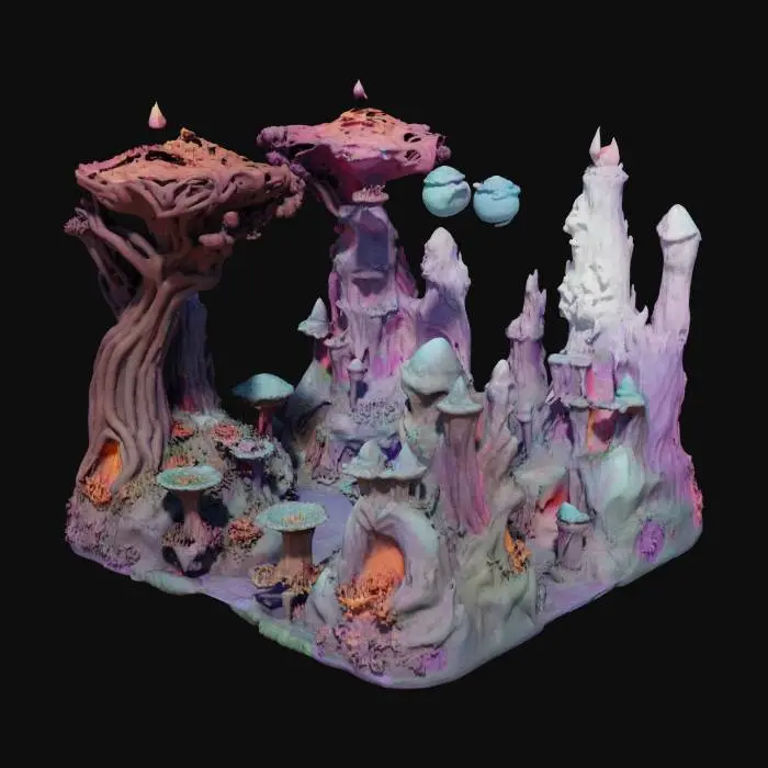 3D model for in fantastical the world of the dark crystal, on a mystical psychedelic journey, art nouveau beautiful, uplifting feeling, in the comic style of Moebius, Jean Gireaud, Roger Dean, Greg tocchini. Hiroshi yoshida. pastel colors, low contrast,