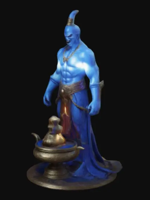 3D model for evil genie coming out of a mystical lamp, #game figure#, Sci-Fi, Anime, Fantasy, Medieval, Highly Detailed, #game figure#
