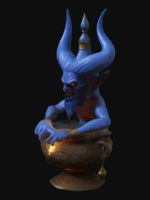 3D model for evil genie coming out of a mystical lamp, #game figure#, Sci-Fi, Anime, Fantasy, Medieval, Highly Detailed, #game figure#