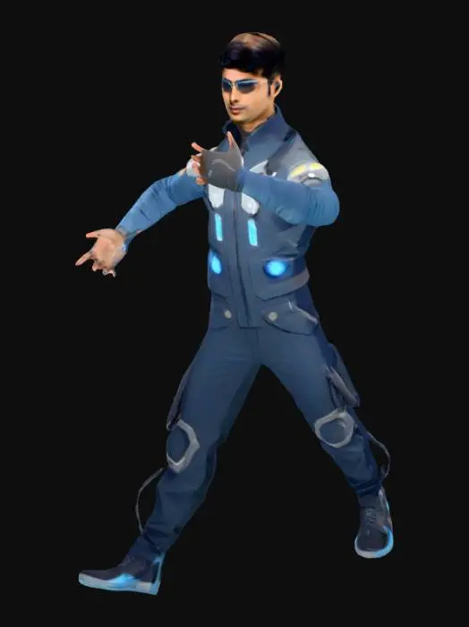 3D model for "Young futuristic engineer, late 20s, slim build, South Asian features, thoughtful and gentle expression. Wearing a high-tech, minimalist gray-blue jumpsuit with subtle LED accents. Slightly messy black hair, wearing augmented-reality glasses. Utility belt with tools, digital wrist device. Clothing and style blend emotional softness with clean futuristic design. Semi-realistic, suitable for cinematic 3D animation."