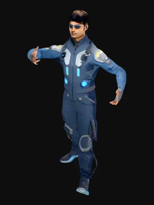 3D model for "Young futuristic engineer, late 20s, slim build, South Asian features, thoughtful and gentle expression. Wearing a high-tech, minimalist gray-blue jumpsuit with subtle LED accents. Slightly messy black hair, wearing augmented-reality glasses. Utility belt with tools, digital wrist device. Clothing and style blend emotional softness with clean futuristic design. Semi-realistic, suitable for cinematic 3D animation."