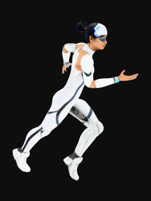 3D model for "Young futuristic engineer, late 20s, slim build, South Asian features, thoughtful and gentle expression. Wearing a high-tech, minimalist gray-blue jumpsuit with subtle LED accents. Slightly messy black hair, wearing augmented-reality glasses. Utility belt with tools, digital wrist device. Clothing and style blend emotional softness with clean futuristic design. Semi-realistic, suitable for cinematic 3D animation."