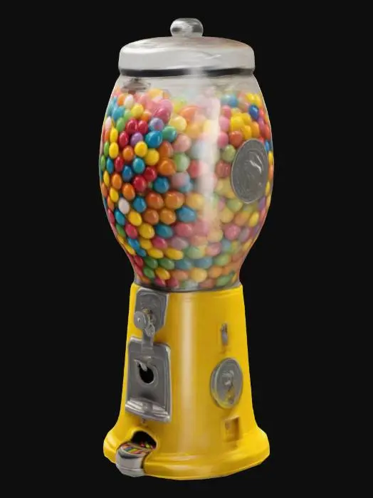 3D model for The object is a vibrant and colorful gumball machine featuring a spherical, transparent top filled with assorted multi-colored gumballs, set on a cylindrical pedestal with a bright yellow base and a metallic coin dispenser.