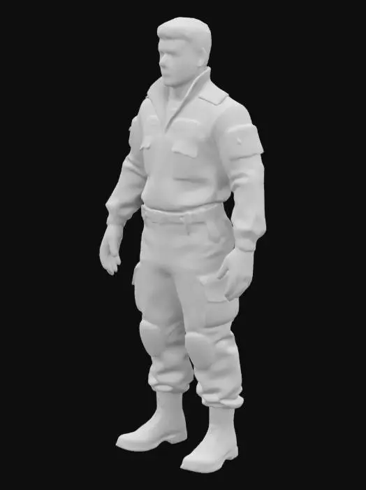 3D model for le président de la france emanuel macron, Actifs du jeu, très détaillés, ultra réalistes, corps, pose A, corps complet, BRAS ÉLOIGNÉS DU CORPS, visage détaillé, pas de cheveux, pas de fourrure, jeu, pas d'arme, pas de porte-arme, pas de ceinture, habillé en treillis militaire, ultra realiste