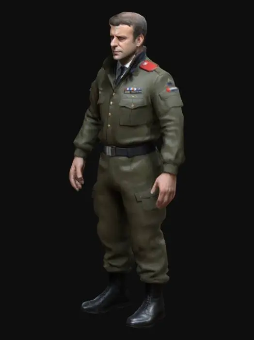 3D model for le président de la france emanuel macron, Actifs du jeu, très détaillés, ultra réalistes, corps, pose A, corps complet, BRAS ÉLOIGNÉS DU CORPS, visage détaillé, pas de cheveux, pas de fourrure, jeu, pas d'arme, pas de porte-arme, pas de ceinture, habillé en treillis militaire, ultra realiste