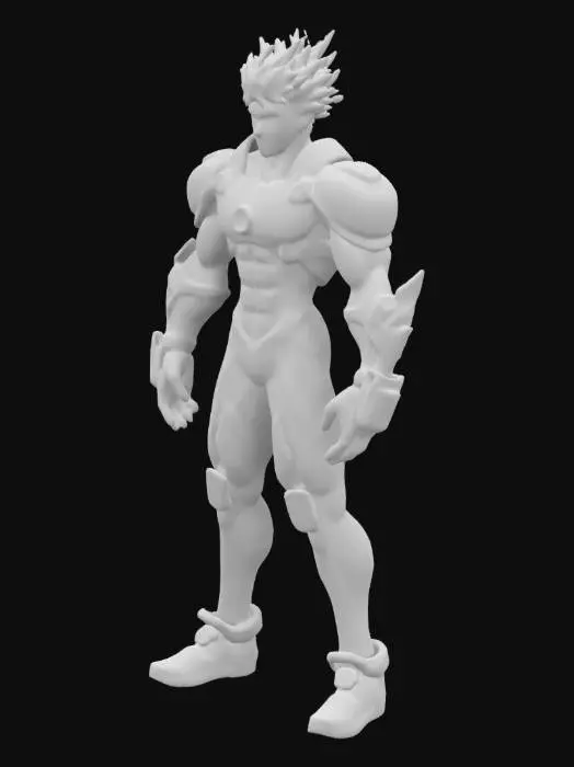 3D model for Genos from One Punch Man, a slender 1m78 cyborg, with a chrome mechanical body, accented with black and gold details. His torso is a silver-black alloy, his robotic arms and legs optimized for speed and power. He has bright golden eyes, spiky blond hair, and a serious human face. Its arms contain plasma cannons, emitting destructive discharges. When he activates his combat mode, glowing lines appear on his body, texture 4k, foot hands face hair body eyes ear nose ultra detailed