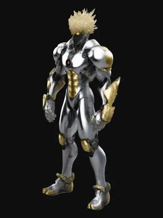3D model for Genos from One Punch Man, a slender 1m78 cyborg, with a chrome mechanical body, accented with black and gold details. His torso is a silver-black alloy, his robotic arms and legs optimized for speed and power. He has bright golden eyes, spiky blond hair, and a serious human face. Its arms contain plasma cannons, emitting destructive discharges. When he activates his combat mode, glowing lines appear on his body, texture 4k, foot hands face hair body eyes ear nose ultra detailed