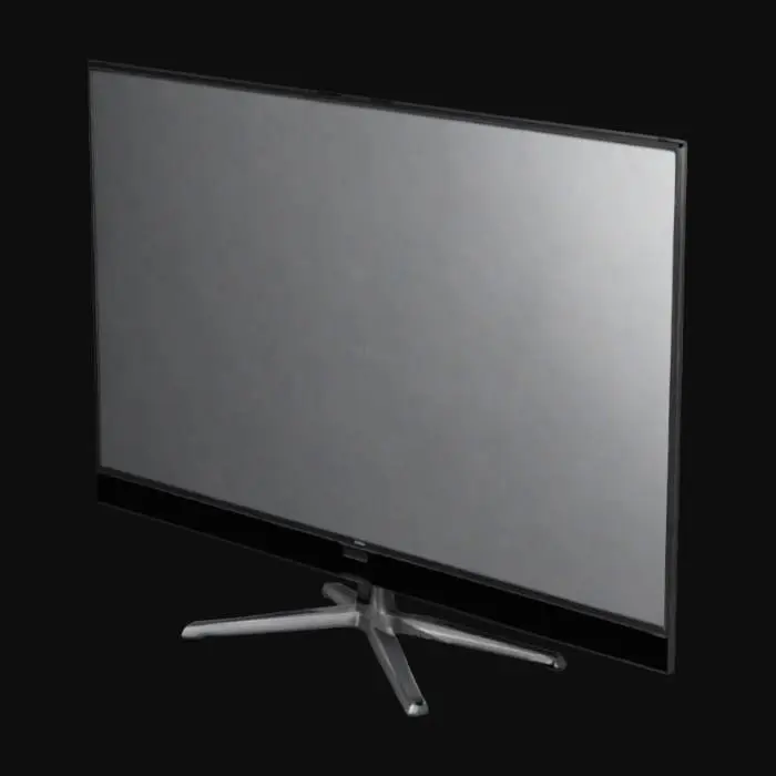 3D model for téléviseur plat ultra PHILIPS 158cm 4k, ultra détaillés, réaliste, couleur encadrement écran gris, écran noir mate, pied de l'écran en forme de T, témoin lumineux coté droit de l'écran en bas de l'écran