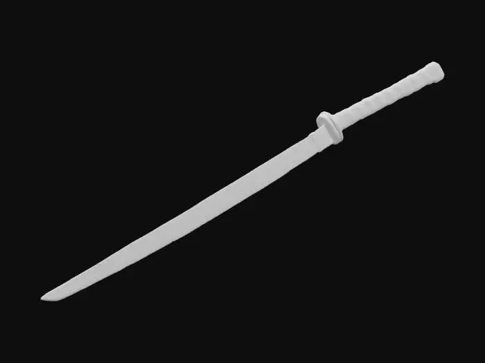 3D model for Polished, traditionally shaped katana sword with a curved blade, a circular hand-guard, a textured cord-wrapped handle, and a sleek,features a sharply pointed, elegantly curved edge with smooth, reflective metallic surfaces displaying subtle wavy patterns., features a curved, polished blade with ornate engravings, a decorative circular guard with intricate patterns resembling a bird, and a textured black handle wrapped in a crisscross pattern with white accents.Highly Detailed, Ultra Realistic