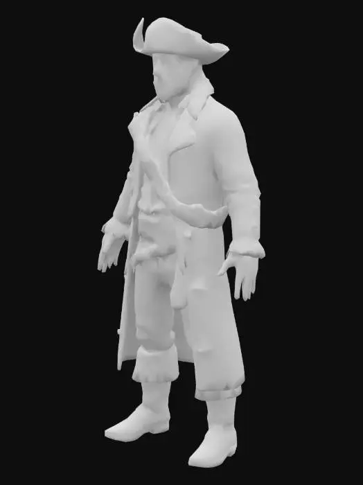 3D model for Full-body view of average height Spanish pirate, Santiago, standing neutral, symmetrical, ready for rigging and animation. Expressive weathered face, deep dark eyes, neatly trimmed beard. Form-fitting dark leather jacket, decorative Spanish flair, over a simple linen shirt and dark breeches. Wide sash, worn tricorn hat. Arms held further out from the sides, hands relaxed. Captain Morgan-esque attire. Realistic skin and clothing, high-resolution texture, natural soft lighting, accurate anatomical proportions.
