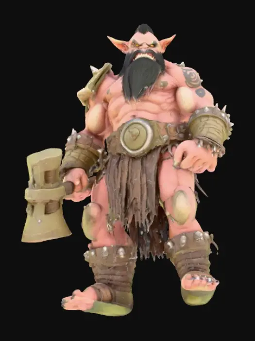3D model for Gritty Cartoon, Hyper muscular Orc warrior with a huge warhammer