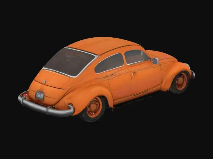 3D model for Orange vintage VW Beetle car with rounded body, chrome hubcaps, minimal ground clearance, and classic design features