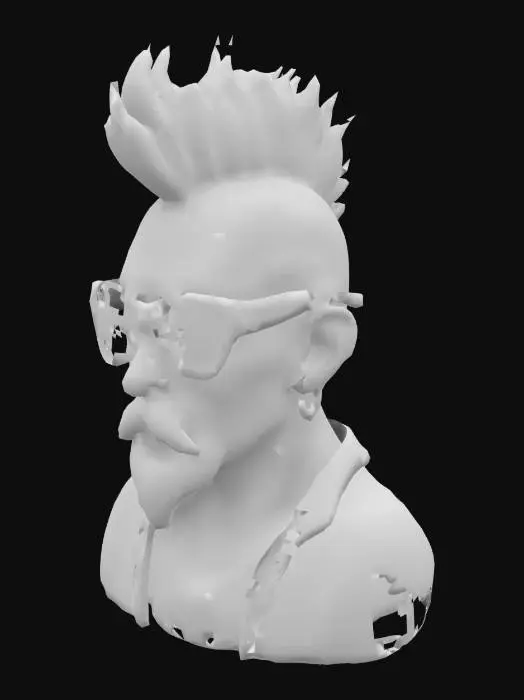 3D model for portrait bust of a male beatnik, mohawk haircut blonde hair color, pale skin, goatee beard color blonde, blonde eyebrows, gold rimmed sun glasses with dark colored lenses, gold ear rings ultra-realistic, masterpiece, high resolution,
