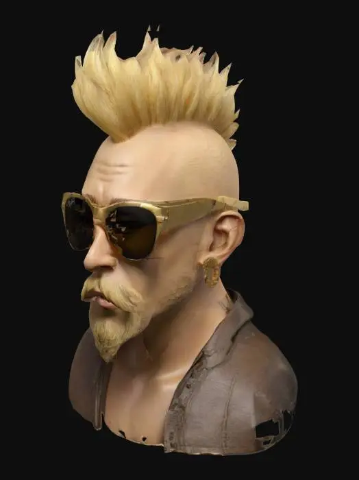 3D model for portrait bust of a male beatnik, mohawk haircut blonde hair color, pale skin, goatee beard color blonde, blonde eyebrows, gold rimmed sun glasses with dark colored lenses, gold ear rings ultra-realistic, masterpiece, high resolution,
