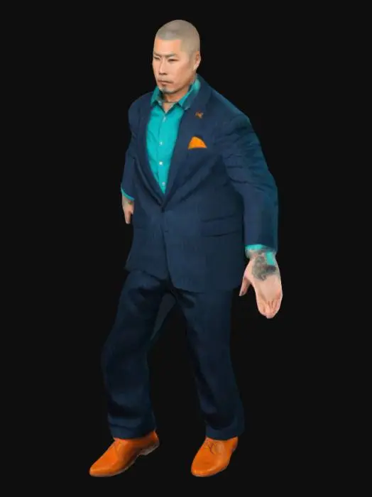 3D model for 50 year old, yakuza, navy teal pinstripe suit, orange shirt, tan oxford shoes, buzz cut haircut, asian, t-pose, unbuttoned collar, no tattoo, palm facing body