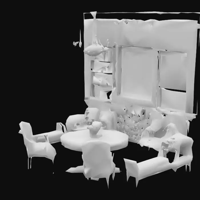 3D model for "An opulent vintage sitting room with deep jewel-toned velvet sofa, richly patterned oriental rugs, antique wooden bookshelves filled with old books and porcelain vases, classical oil paintings on the walls, a round wooden table with architectural papers and books, ornate chairs with red and gold upholstery, soft warm lighting from wall sconces and a chandelier."