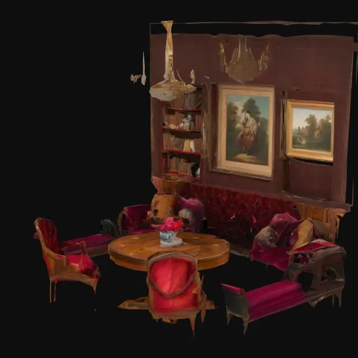 3D model for "An opulent vintage sitting room with deep jewel-toned velvet sofa, richly patterned oriental rugs, antique wooden bookshelves filled with old books and porcelain vases, classical oil paintings on the walls, a round wooden table with architectural papers and books, ornate chairs with red and gold upholstery, soft warm lighting from wall sconces and a chandelier."