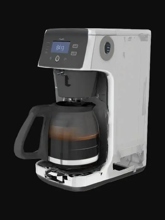 3D model for Create a realistic 3D model of a modern coffee maker. The design should feature a sleek, minimalistic aesthetic with stainless steel accents, a transparent water reservoir, and a compact size. Include a digital display, buttons for different brew settings, and a detachable drip tray. The machine should have a professional yet user-friendly look, suitable for a home kitchen or office environment. The model should be high-quality and ready for rendering.