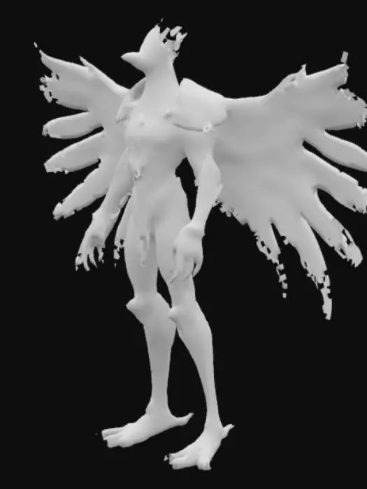 3D model for A majestic phoenix humanoid character, a fusion of human and firebird, with fiery wings and a burning gaze. The body is tall and slender, covered in stylized feathers that ignite at the tips, some areas semi-transparent to allow light scattering. Instead of hair, the head is crowned with floating magical flames. The skin is cracked ash-gold, glowing faintly from within, with mystical ember veins. The humanoid wears ancient broken armor, embedded with glowing runes, forged from metal that seems lit from the inside. The wings are large and spread wide, made of feathers shaped from animated fire or magical flame trails. The pose is calm and powerful, like walking through ashes, moments before unleashing a burst of mystical fire.