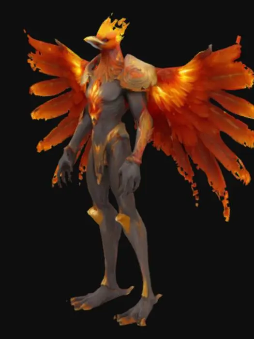 3D model for A majestic phoenix humanoid character, a fusion of human and firebird, with fiery wings and a burning gaze. The body is tall and slender, covered in stylized feathers that ignite at the tips, some areas semi-transparent to allow light scattering. Instead of hair, the head is crowned with floating magical flames. The skin is cracked ash-gold, glowing faintly from within, with mystical ember veins. The humanoid wears ancient broken armor, embedded with glowing runes, forged from metal that seems lit from the inside. The wings are large and spread wide, made of feathers shaped from animated fire or magical flame trails. The pose is calm and powerful, like walking through ashes, moments before unleashing a burst of mystical fire.