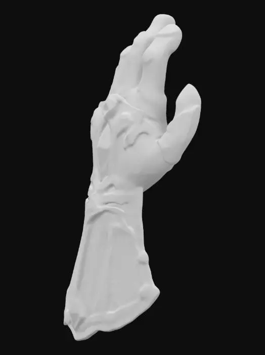 3D model for Ultra-realistic 8K 3D model of a single closed Thanos Infinity Gauntlet (front-facing), with movie-accurate purple crystals, weathered black metal, and gold accents. Include gemstone refraction, engravings, and high-poly details. Render at 8K for 3D printing/game use. Export in FBX/USDZ.